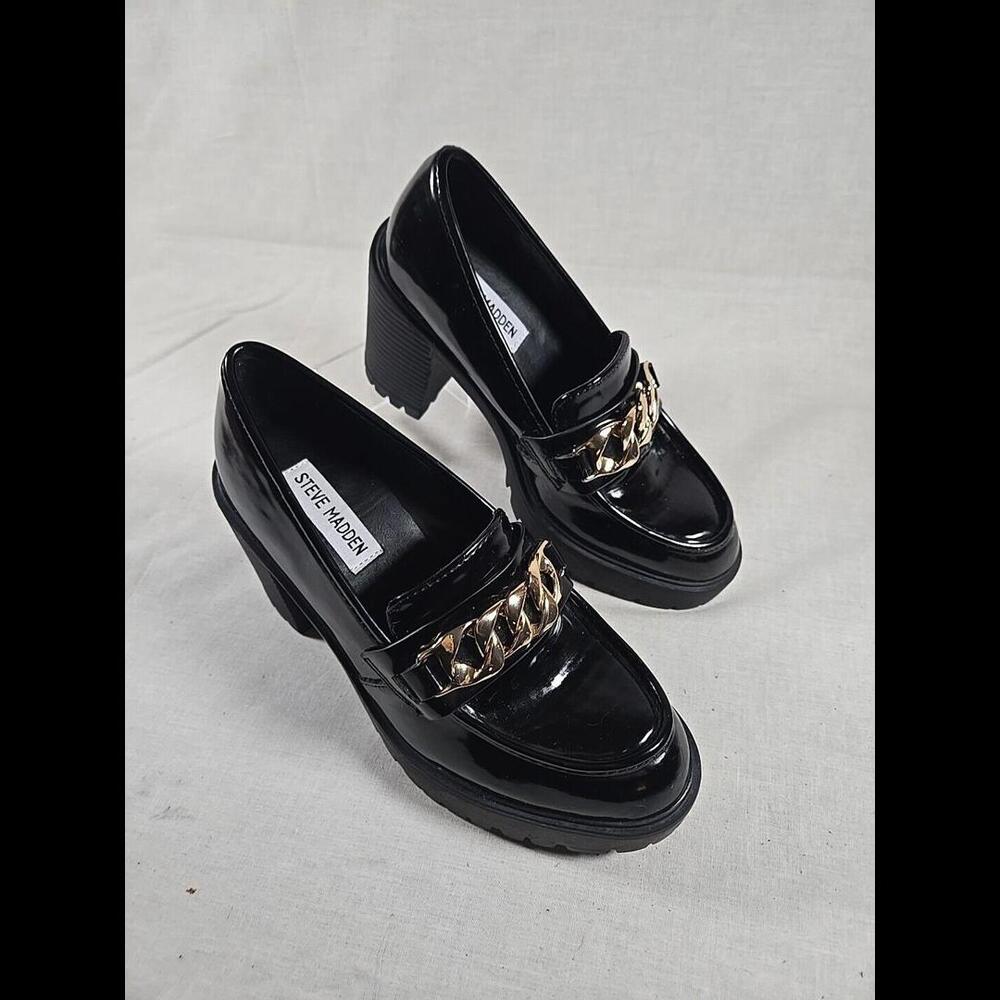 Steve Madden Black Loafers with Gold Chain